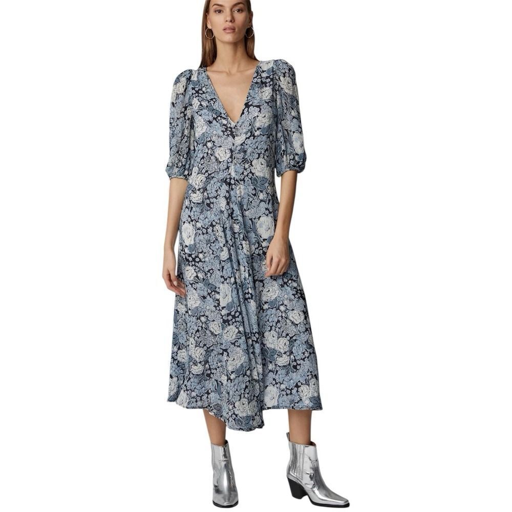 Ganni Elm Georgette puff sleeve maxi dress.Heather blue floral print.US Sz 8-10
